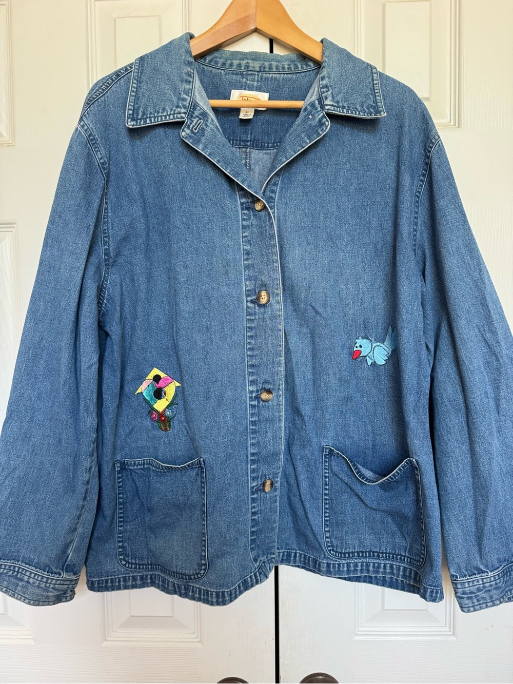 Vintage Talbots Denim Shacket/Barn Jacket with Whimsical Birds & Birdhouses